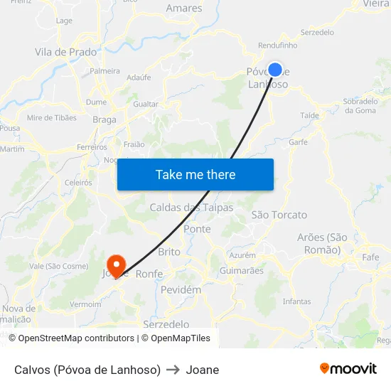 Calvos (Póvoa de Lanhoso) to Joane map