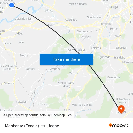 Manhente (Escola) to Joane map