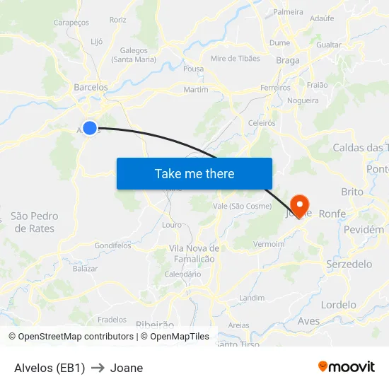 Alvelos (EB1) to Joane map