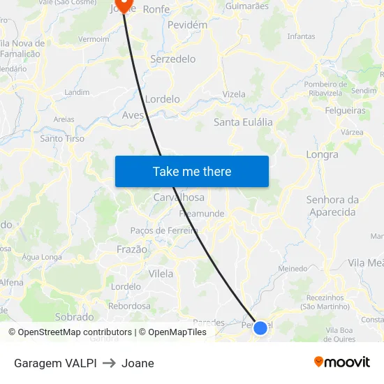 Penafiel (Bombeiros) to Joane map