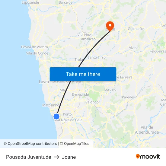 Pousada Juventude to Joane map