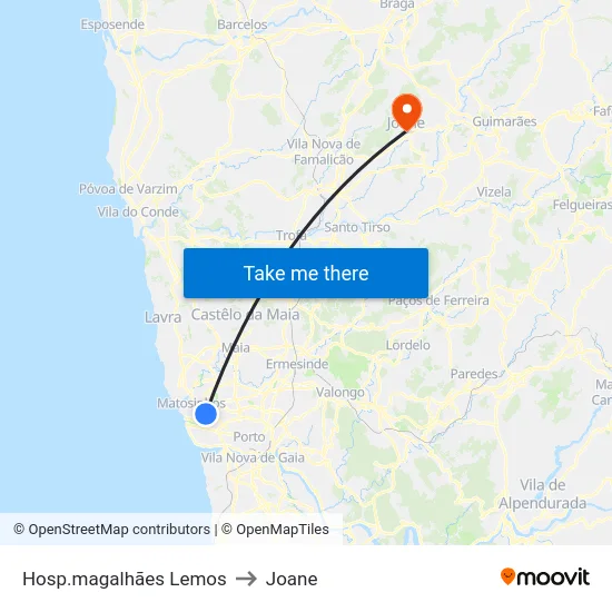 Hosp.magalhães Lemos to Joane map