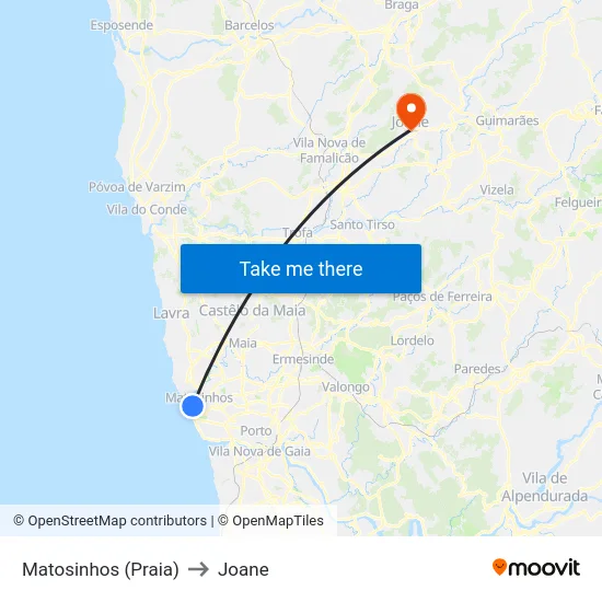 Matosinhos (Praia) to Joane map