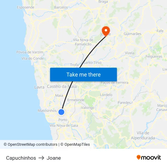 Capuchinhos to Joane map