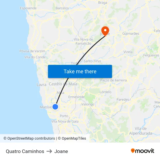 Quatro Caminhos to Joane map