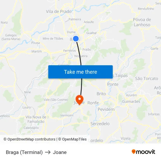 Braga (Terminal) to Joane map