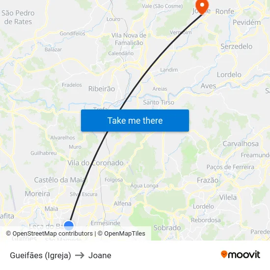 Gueifães (Igreja) to Joane map