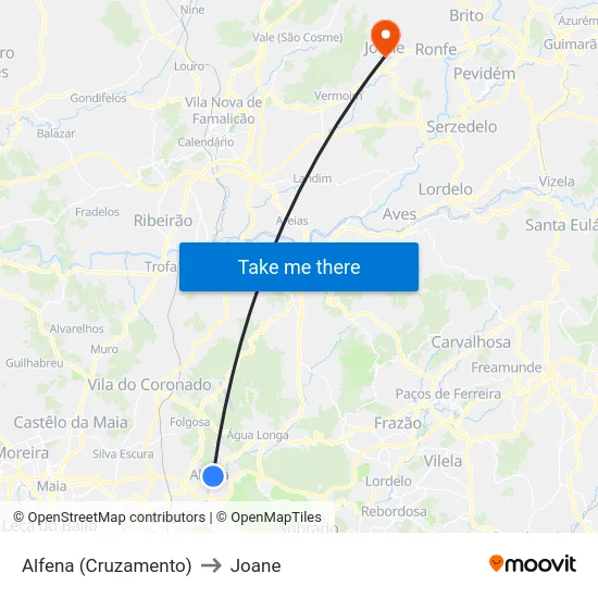 Alfena (Cruzamento) to Joane map