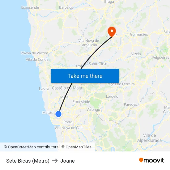 Sete Bicas (Metro) to Joane map