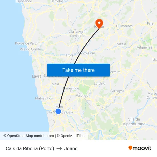 Cais da Ribeira (Porto) to Joane map