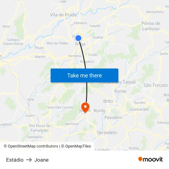 Estádio to Joane map