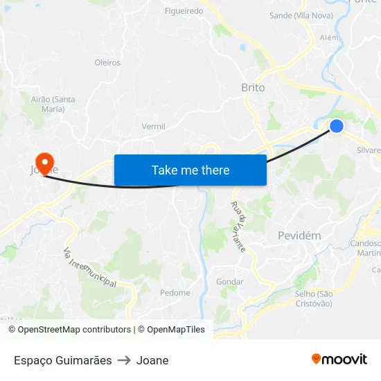 Espaço Guimarães to Joane map