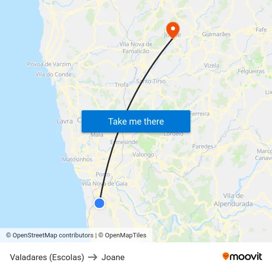 Valadares (Escolas) to Joane map