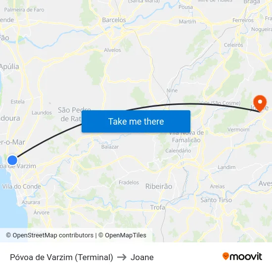Póvoa de Varzim (Terminal) to Joane map