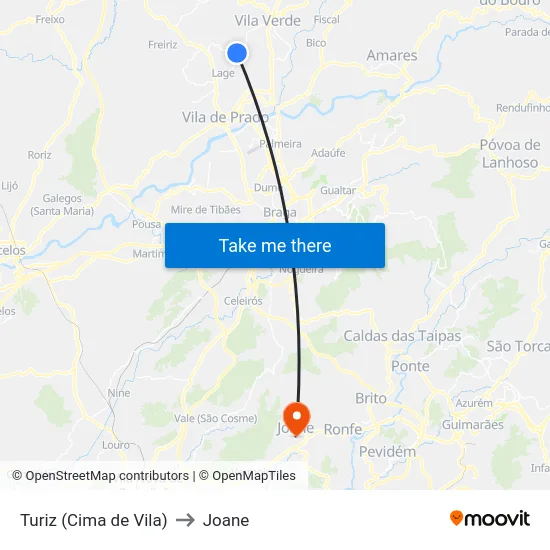 Turiz (Cima de Vila) to Joane map