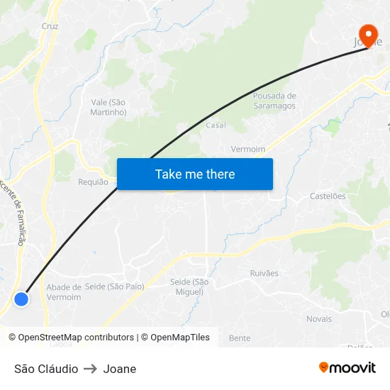 São Cláudio to Joane map