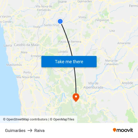 Guimarães to Raiva map