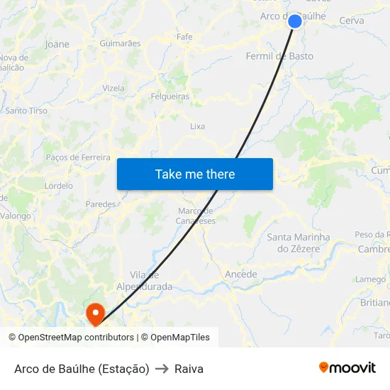 Arco de Baúlhe (Estação) to Raiva map