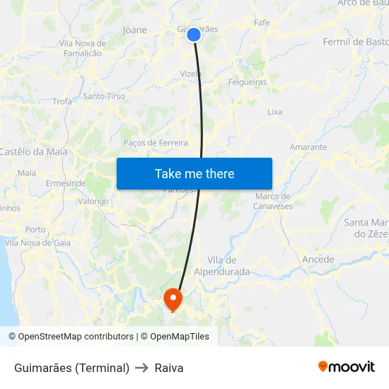 Guimarães (Terminal) to Raiva map