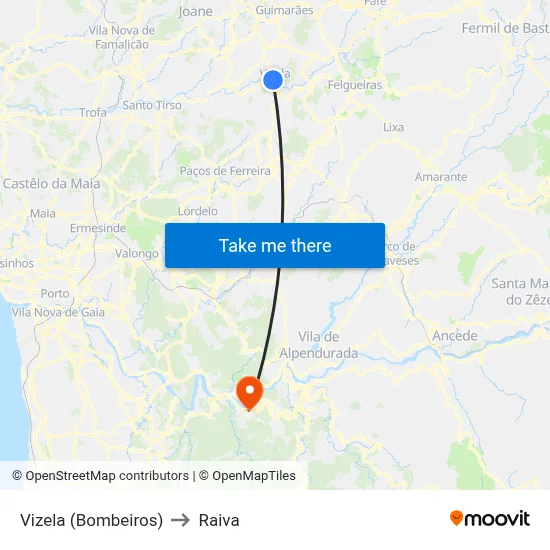 Vizela (Bombeiros) to Raiva map