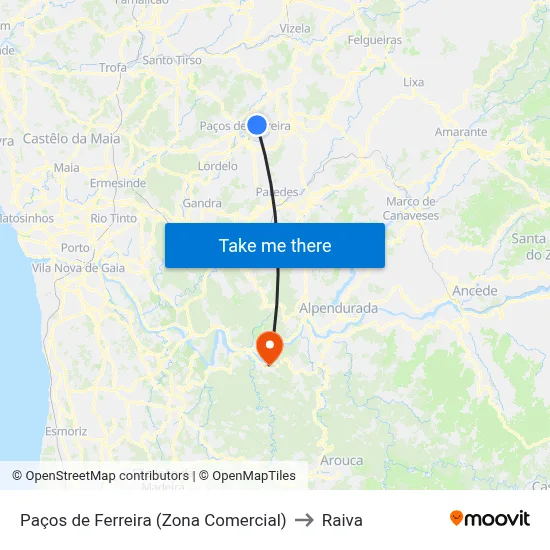 Paços de Ferreira (Zona Comercial) to Raiva map