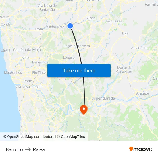 Barreiro to Raiva map