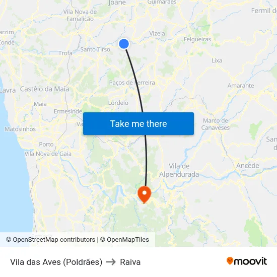 Vila das Aves (Poldrães) to Raiva map