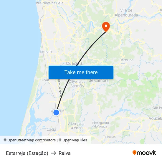 Estarreja (Estação) to Raiva map