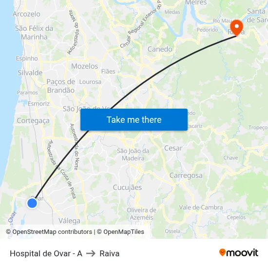 Hospital de Ovar - A to Raiva map