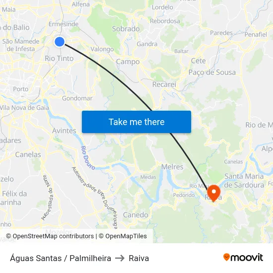 Águas Santas / Palmilheira to Raiva map