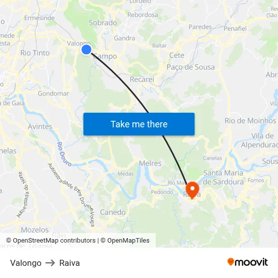 Valongo to Raiva map