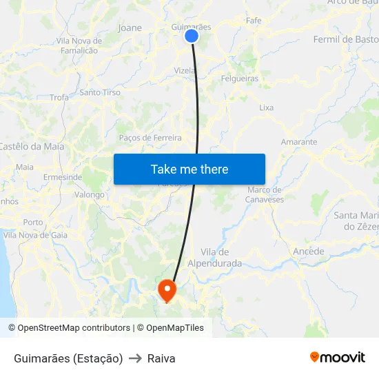 Guimarães (Estação) to Raiva map