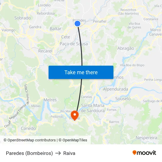 Paredes (Bombeiros) to Raiva map