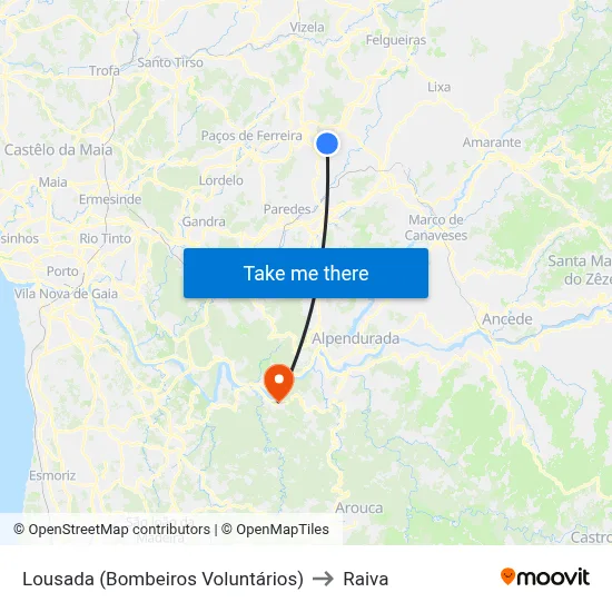 Lousada (Bombeiros Voluntários) to Raiva map