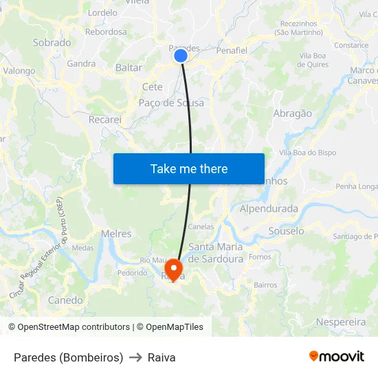 Paredes (Bombeiros) to Raiva map