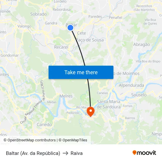 Baltar (Av. da República) to Raiva map