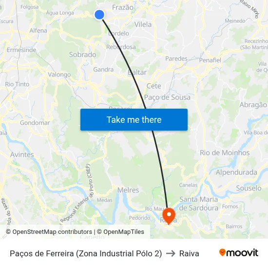 Paços de Ferreira (Zona Industrial Pólo 2) to Raiva map