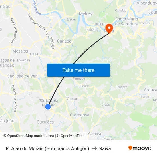 R. Alão de Morais (Bombeiros Antigos) to Raiva map