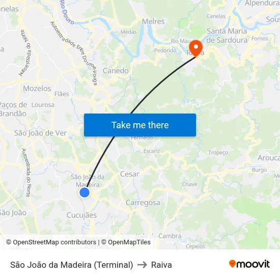 São João da Madeira (Terminal) to Raiva map