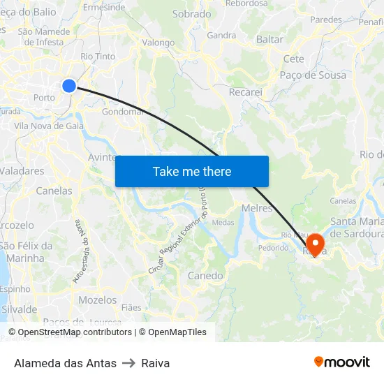 Alameda das Antas to Raiva map