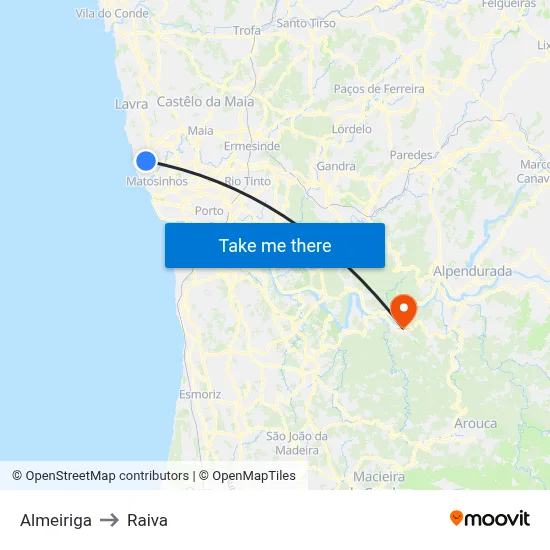 Almeiriga to Raiva map