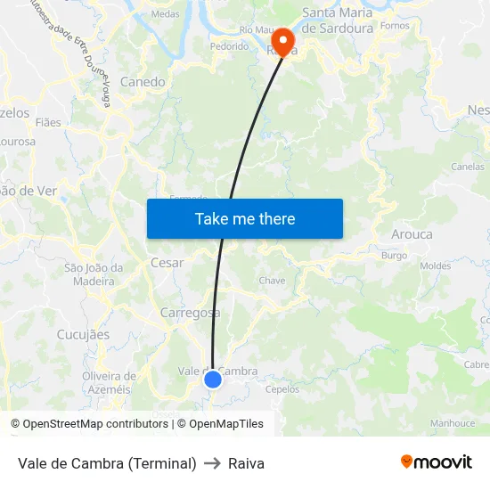 Vale de Cambra (Terminal) to Raiva map