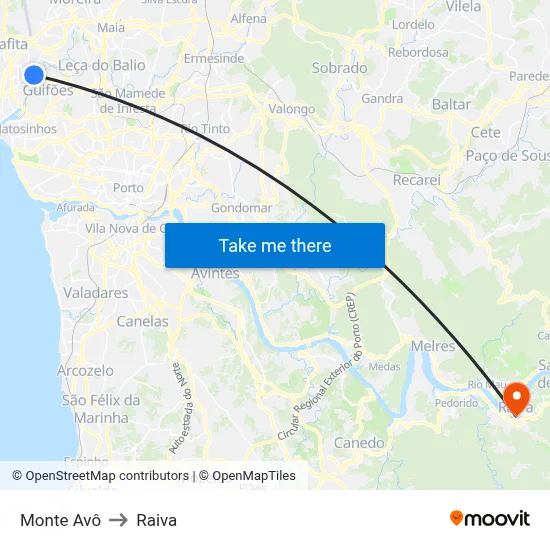Monte Avô to Raiva map