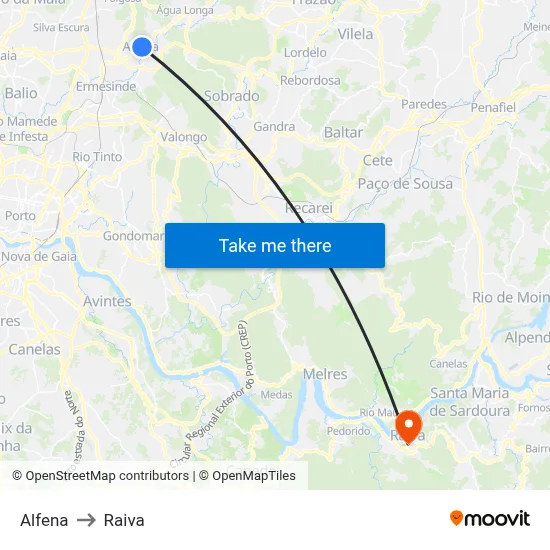 Alfena to Raiva map