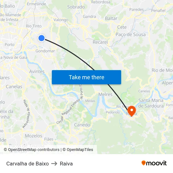 Carvalha de Baixo to Raiva map