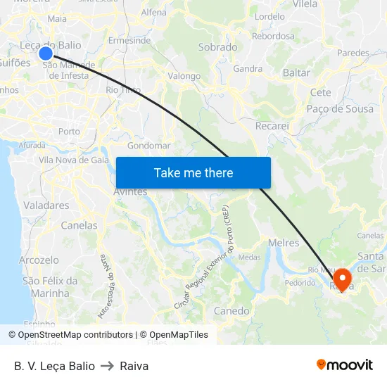 B. V. Leça Balio to Raiva map