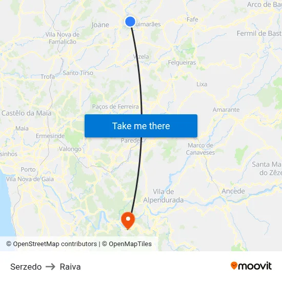 Serzedo to Raiva map