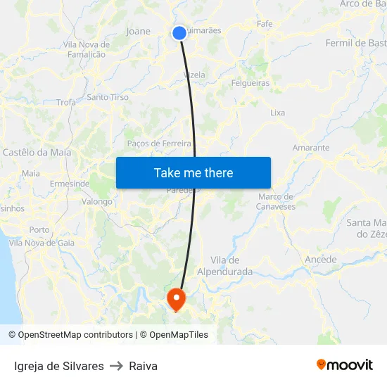 Igreja de Silvares to Raiva map