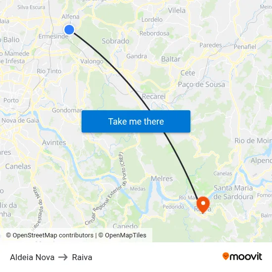 Aldeia Nova to Raiva map