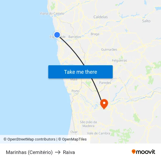 Marinhas (Cemitério) to Raiva map